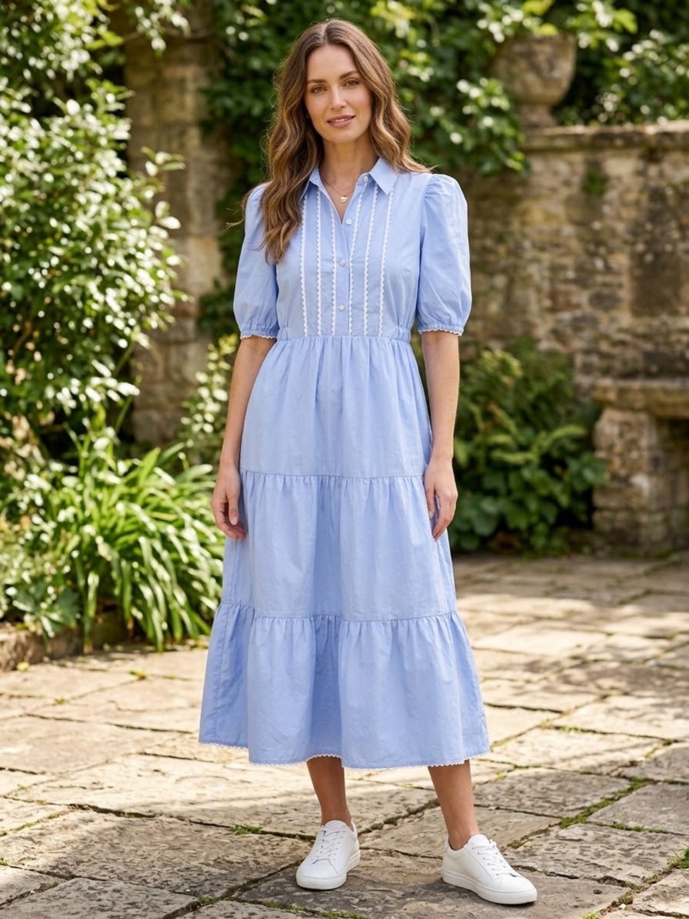 NWT Gretchen Scott Designs Dress Size Xs 100% Cotton Blue Midi/Maxi puff sleeves